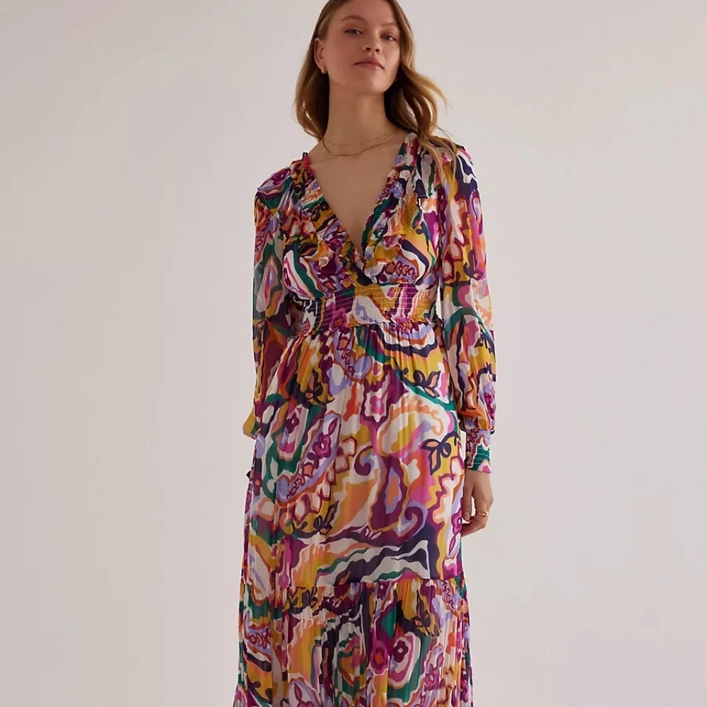 NWT Anthropologie Odetta Ruffled V-Neck Dress Large - Picture 6 of 9